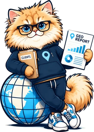 Leo, the GeoLeo mascot, holding a client file and a GEO report